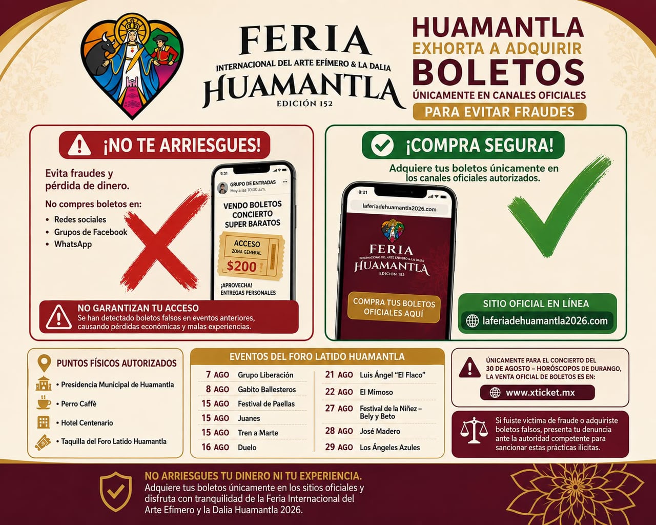 Huamantla exhorta a adquirir boletos únicamente en canales oficiales para evitar fraudes